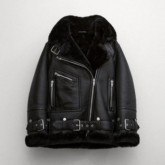 Womens Black B3 Aviator Styled Sheepskin Shearling Leather Jacket