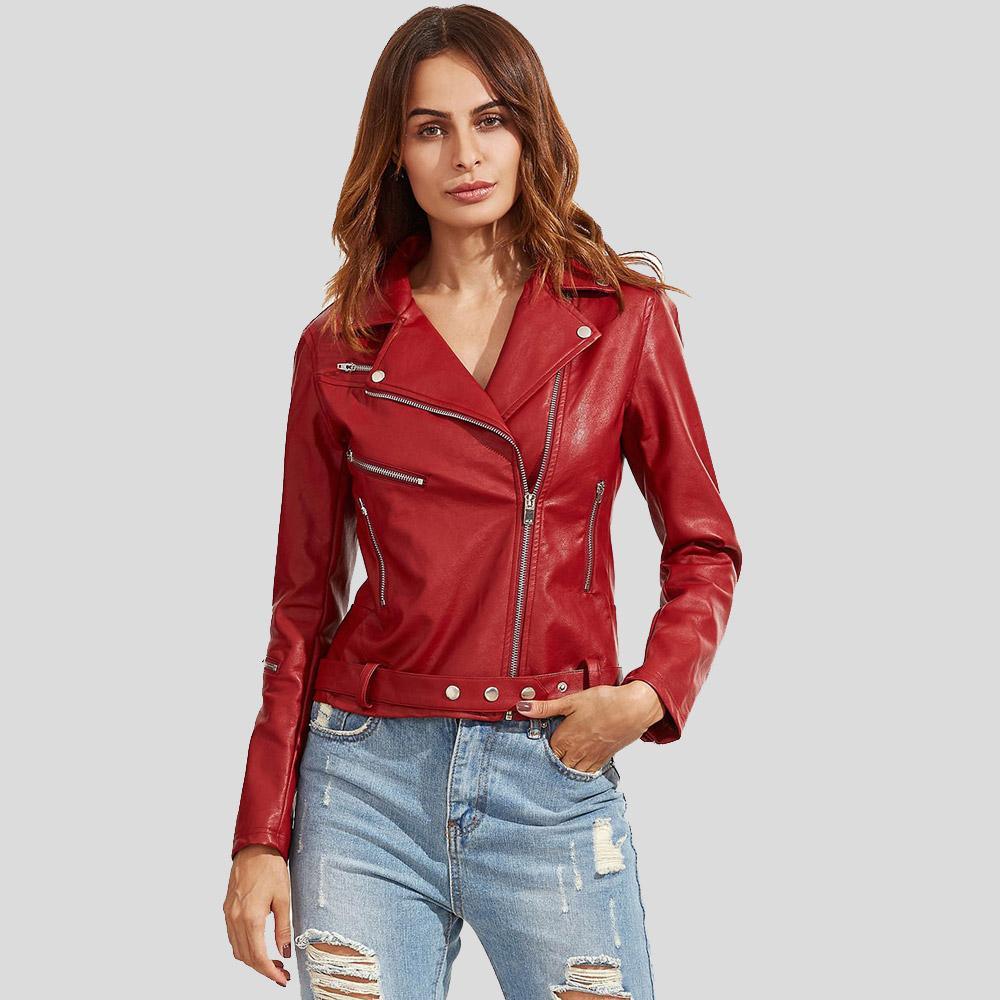 Ladies Red Biker Leather Jacket