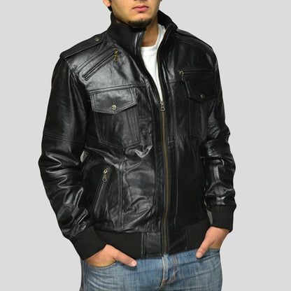 Men's Sang Black Bomber Leather Jacket - shearlingbomberjackets