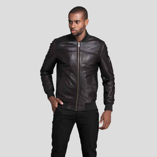 Men's Black Bomber Genuine Leather JacketMen's Black Bomber Genuine Leather Jacket