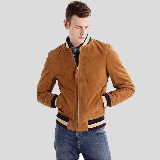 Men's Brown Suede Bomber Leather Jacket