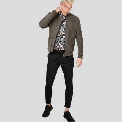 Zord Grey Suede Bomber Leather Jacket For Men - shearlingbomberjackets