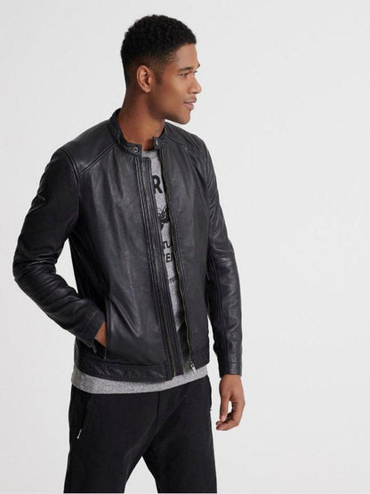 Men's Windproof Leather Jacket In Black - shearlingbomberjackets