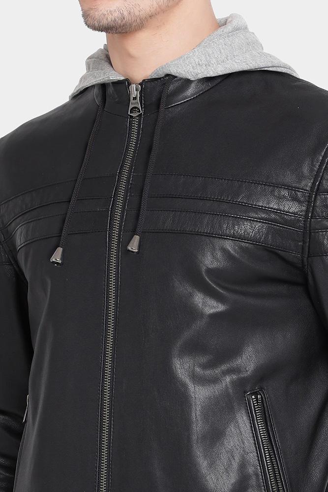 Men's Black Hooded Leather Jacket