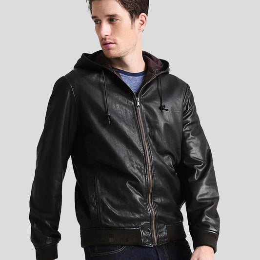 Black Hooded Genuine Leather Jacket For Men