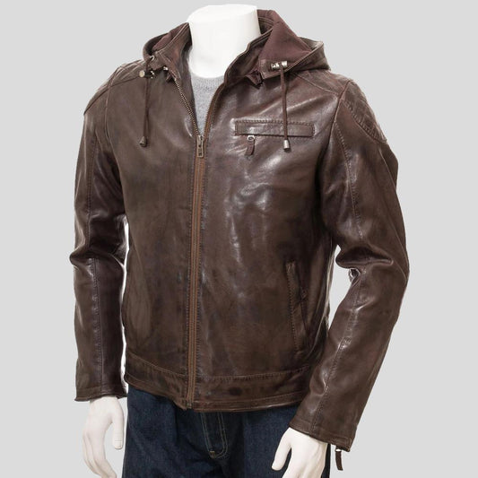 Brown Hooded Leather Jacket For Men