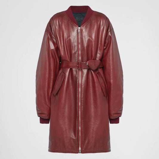 Womens Red Sheepskin Leather Bomber Jacket