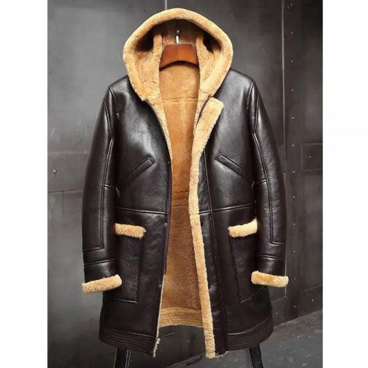 Men's Sheepskin Leather Hooded Shearling Jacket Winter Coats