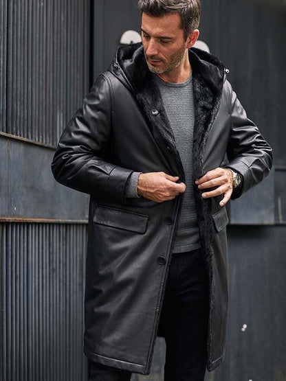 Men's Long Fur Parkas Mink Overcoat Black Leather Jacket