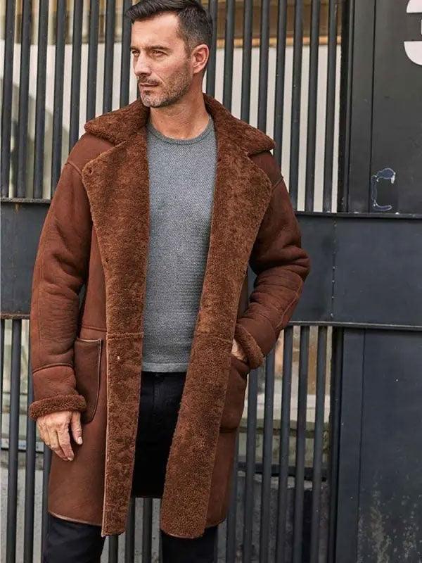 Men's Winter Brown Fur Leather Long Trench Overcoat Outwear