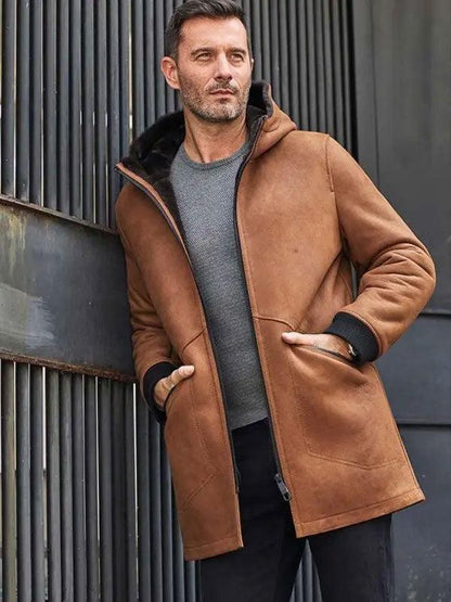 Men's Brown Sheepskin Shearling Fur Hooded Outwear Winter Overcoat Leather Jacket
