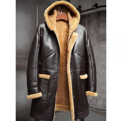 Men's Sheepskin Leather Hooded Shearling Jacket Winter Coats