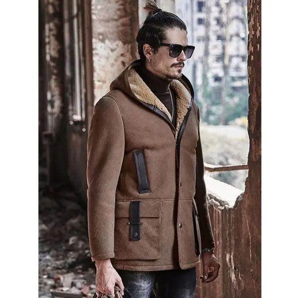 Mens Shearling Bomber Long Jacket Hooded Suede Leather Trench Coat