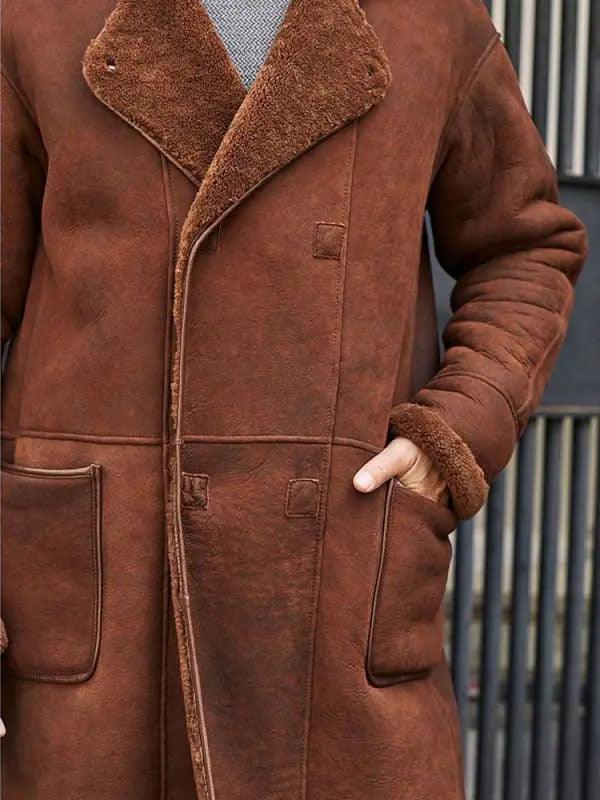 Men's Winter Brown Fur Leather Long Trench Overcoat Outwear