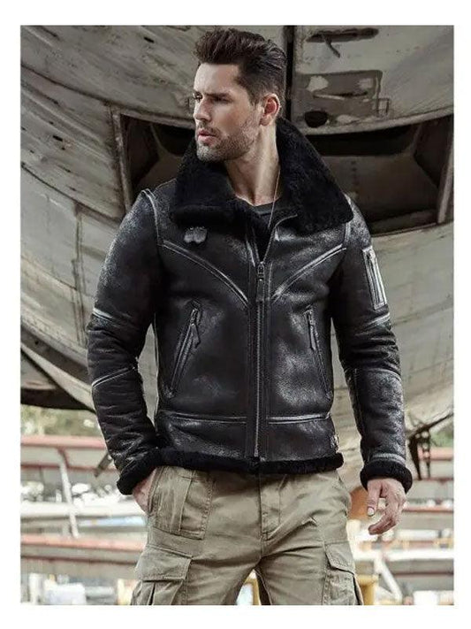 Men's Bomber Leather Jacket Aviator Winter Coat Fur