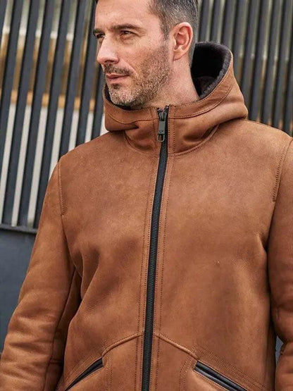 Men's Brown Sheepskin Shearling Fur Hooded Outwear Winter Overcoat Leather Jacket