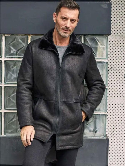 Men's Black Shearling Mink Overcoat Fur Outwear Lapel Leather Jacket Coat