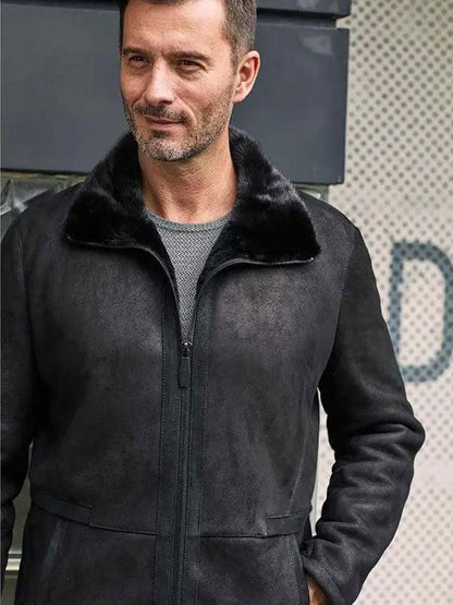 Men's Black Shearling Mink Overcoat Fur Outwear Lapel Leather Jacket Coat