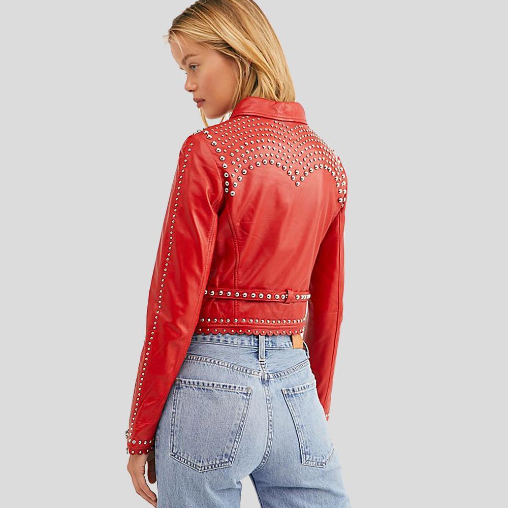 Women Red Studded Leather Jacket