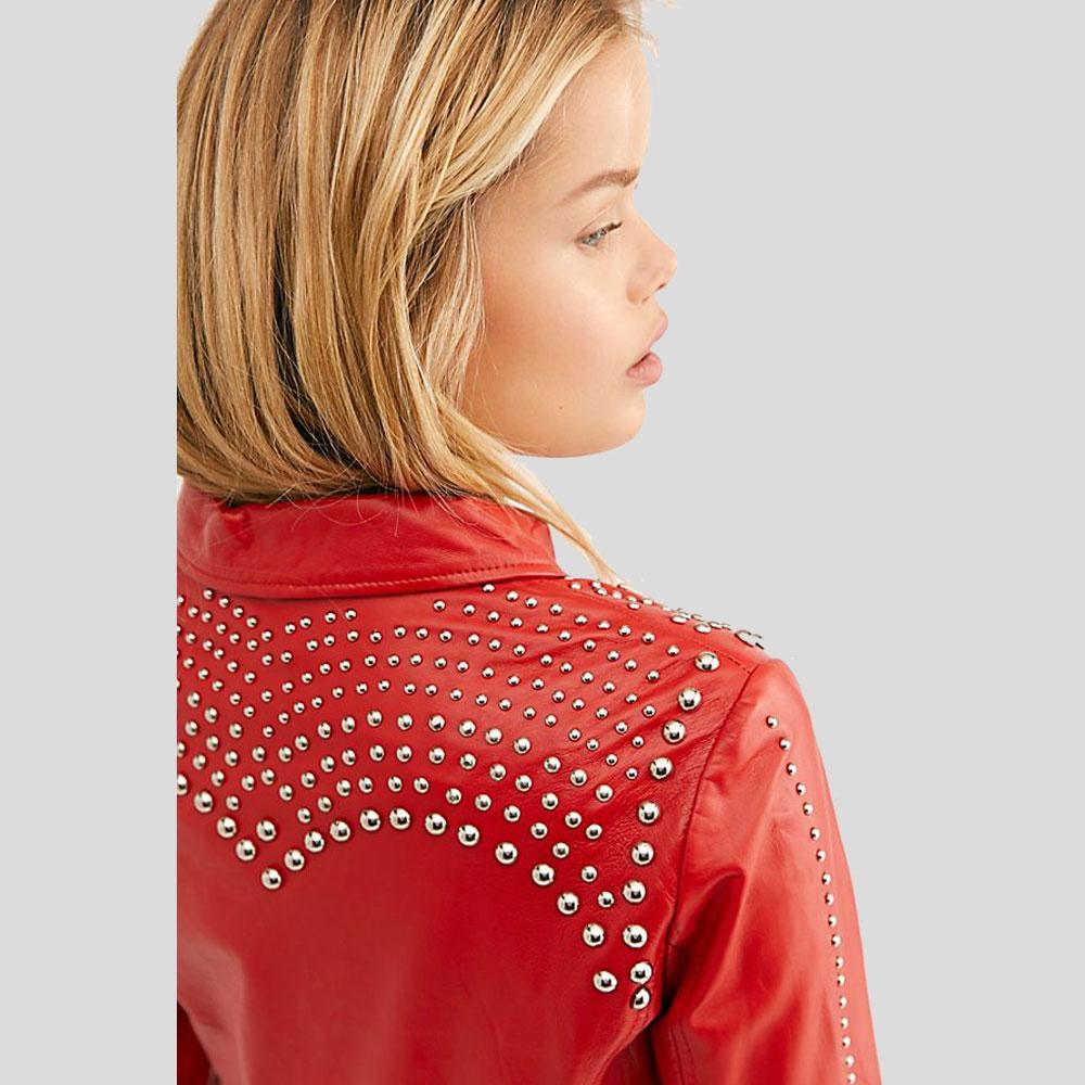 Women Red Studded Leather Jacket