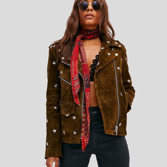 Women Brown Studded Suede Leather Jacket