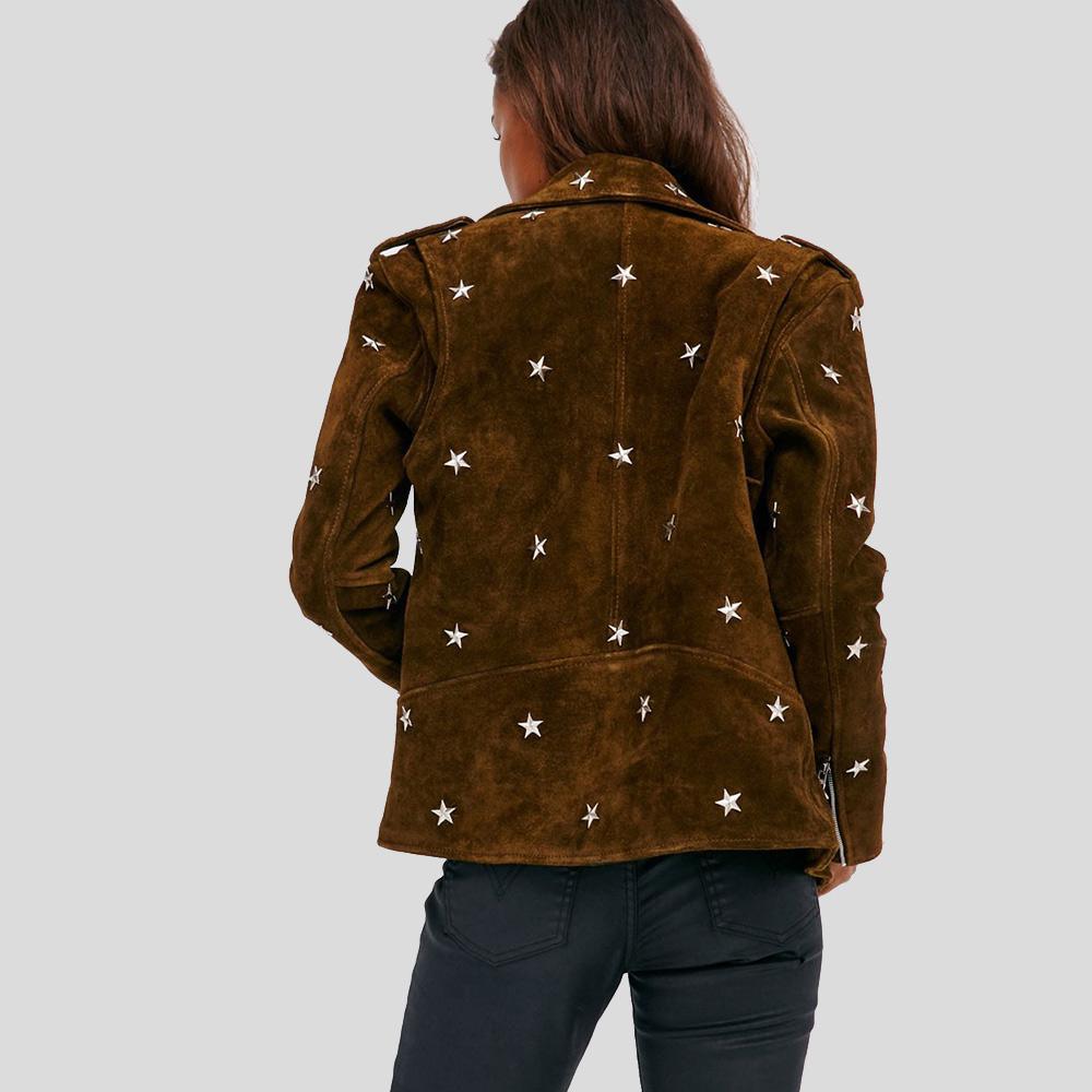 Women Brown Studded Suede Leather Jacket