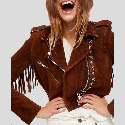 Women Brown Studded Suede Leather Jacket Fringes